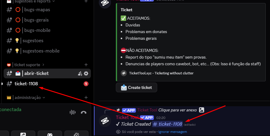 Mensagem no ticket